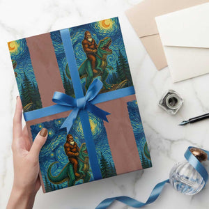 Bigfoot Dinosaur Wrapping Paper Roll Funny Prehistoric Starry Night Van Gogh TS12 Mocha Print Your Wear