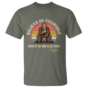 Bigfoot Drinking Coffee T Shirt Believe In Yourself Even When No One else Does TS09 Military Green Printyourwear