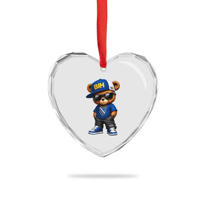 BIH Bosnia Teddy Bear Graphic Heart Crystal Glass Ornament Golden Lily Heritage Urban Streetwear Style
