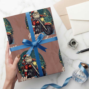 Biker Santa Claus Wrapping Paper Roll Merry Xmas Riding Motorcycle TS02 Mocha Print Your Wear