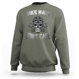 Biker Skull Sweatshirt Bike Hair Don't Care Motorcycle Rider TS02 Military Green Printyourwear