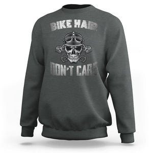 Biker Skull Sweatshirt Bike Hair Don't Care Motorcycle Rider TS02 Dark Heather Printyourwear