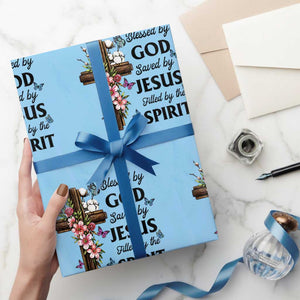 Blessed By God Saved By Jesus Wrapping Paper Roll Floral Cross Christian Faith Inspirational TS10 Light Blue Print Your Wear