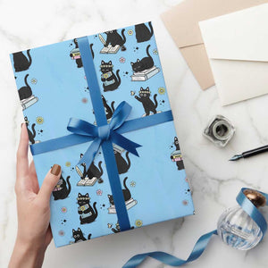 Bookish Black Cat Wrapping Paper Roll Funny Librarian Cat Lover Gift TS12 Light Blue Print Your Wear