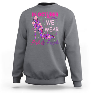 Breast Cancer And Domestic Violence Sweatshirt In October We Wear Pink and Purple Floral High Heel Support Women TS02 Charcoal Printyourwear