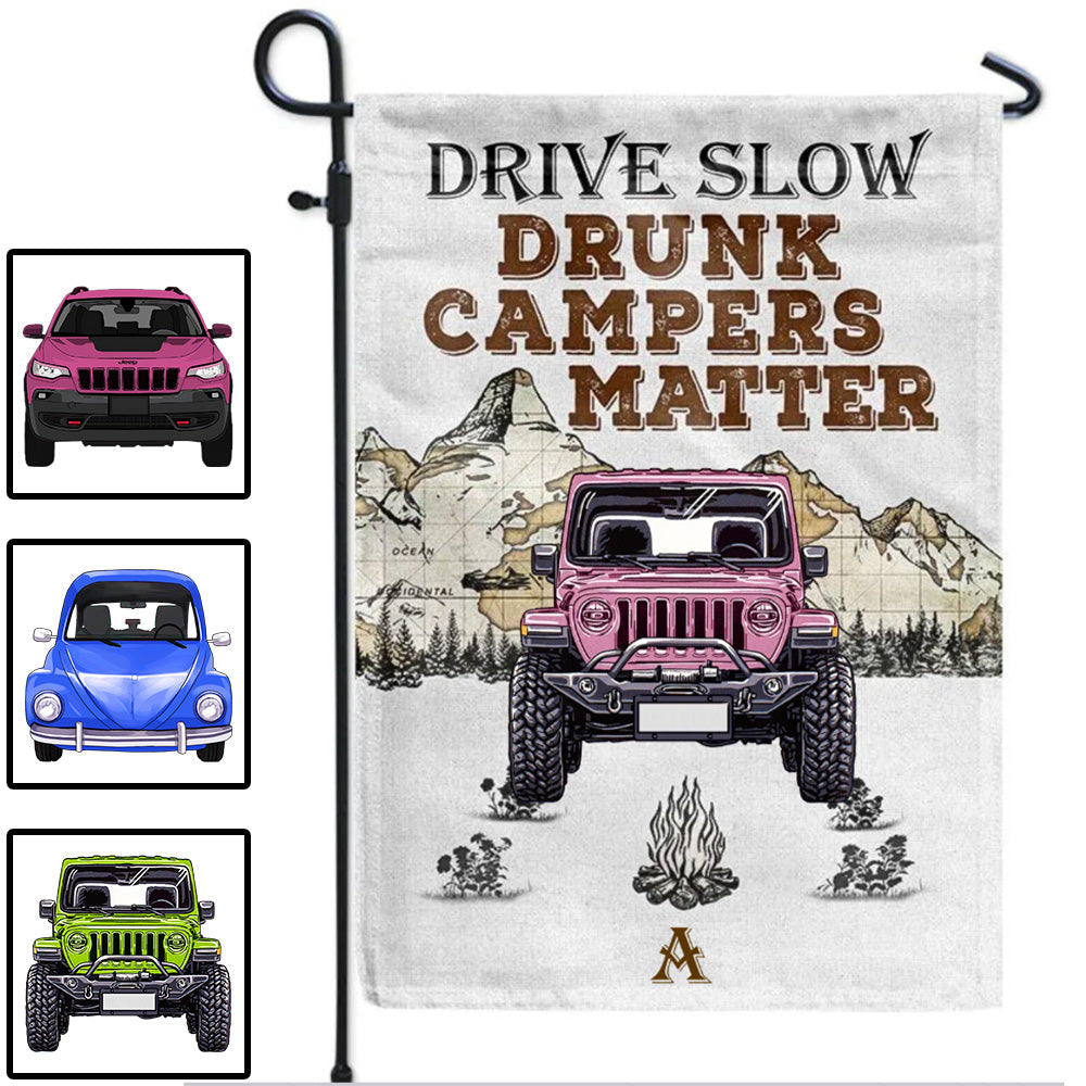 Personalized Camping Flag - Drive Slow Drunk Campers Matter Flag Camping Sign Vintage Style, Gift For Jeep Lovers CTM One Size Custom - Printyourwear