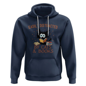 Cat & Book Lover Hoodie Easily Distracted By Cats And Books Funny Black Cat Meme TS02 Navy Printyourwear