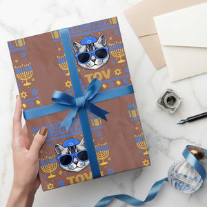 Cat Hanukkah Wrapping Paper Roll Meowzel Tov Jewish Cat Owner Ugly Chanukah TS10 Mocha Print Your Wear