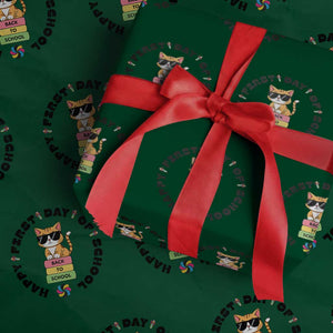 Cat Happy First Day Of School Wrapping Paper Roll Back To School Gift For Kids TS12 Green Print Your Wear