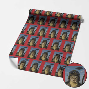 Cat Selfie With Alien UFO Wrapping Paper Roll Retro Space Sci-Fi Cat Pilot TS10 Red Print Your Wear