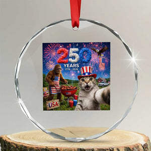 Cat Selfie with Bigfoot USA 250 Years Crystal Glass Ornament Funny 4th Of July Cat Graphic TS11 Transparent Glass 3'' Circle Print Your Wear