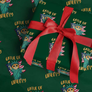 Cat Statue Of Liberty Wrapping Paper Roll Patriotic American Flag TS12 Green Print Your Wear