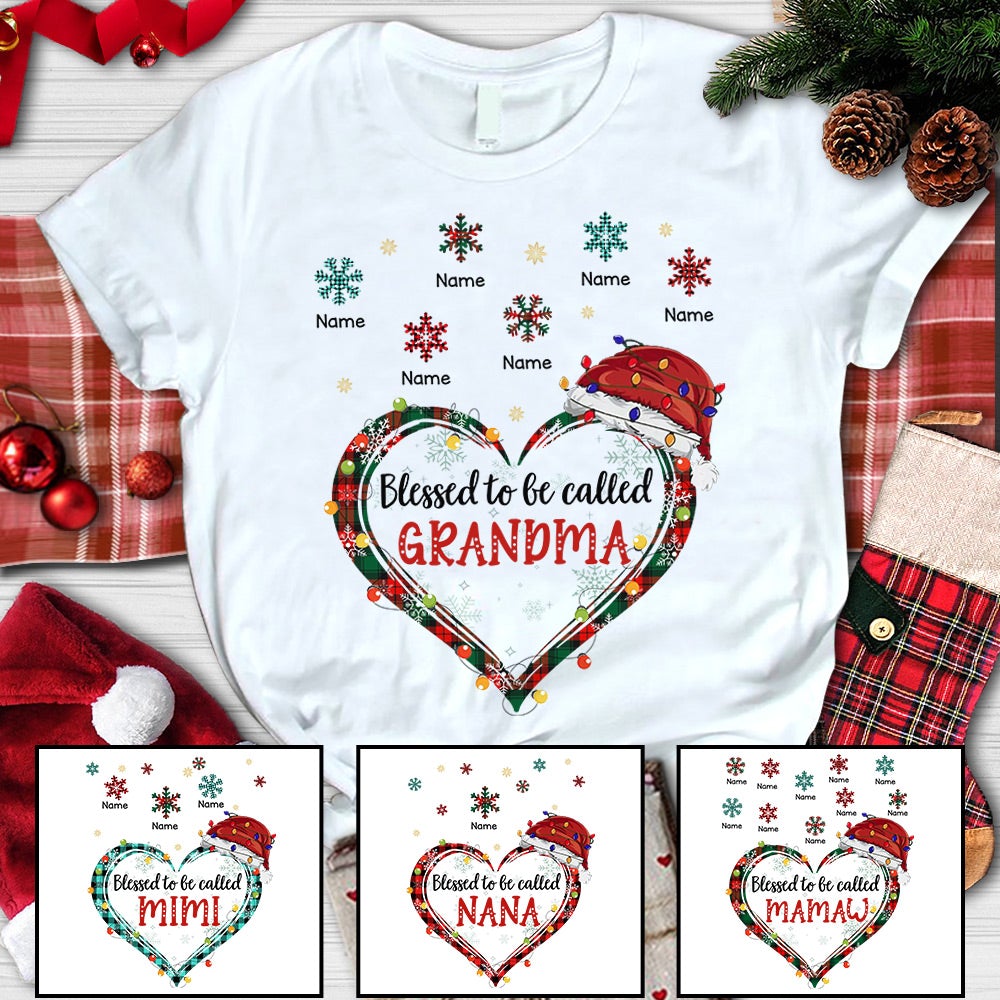 Personalized Grandkids Name Blessed To Be Called Grandma Christmas T Shirt Heart Flying Snowflakes CTM Custom - Printyourwear