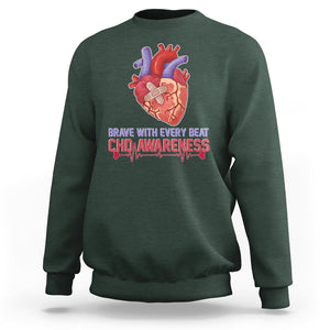 CHD Awareness Sweatshirt Brave With Every Beat Heart Disease Red And Blue Ribbon TS02 Dark Forest Green Printyourwear