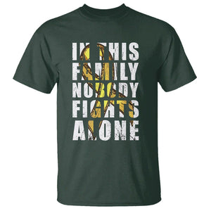 Childhood Cancer Awareness T Shirt In This Family Nobody Fights Alone Gold Ribbon Support Squad TS02 Dark Forest Green Printyourwear