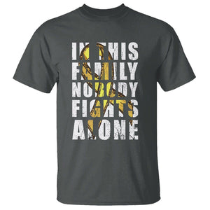 Childhood Cancer Awareness T Shirt In This Family Nobody Fights Alone Gold Ribbon Support Squad TS02 Dark Heather Printyourwear
