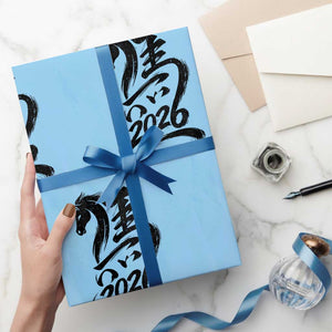 Chinese New Year 2026 Wrapping Paper Roll Year of The Horse Calligraphy Ink Art TS11 Light Blue Print Your Wear