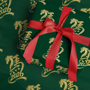 Chinese New Year 2026 Wrapping Paper Roll Year of The Horse Gold Calligraphy Art TS11 Green Print Your Wear
