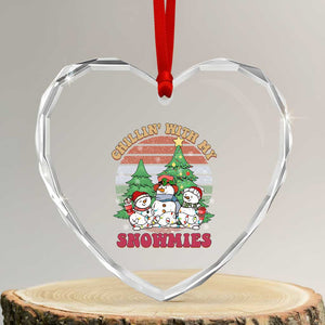 Chrismas Snowman Heart Crystal Glass Ornament Chillin' With My Snowmies Retro Xmas Vibe TS02 Transparent Glass 3'' Heart Print Your Wear