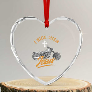 Christian Biker Heart Crystal Glass Ornament I Ride With Jesus Faith Motorcycle TS02 Transparent Glass 3'' Heart Print Your Wear