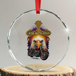 Christian Biker I Ride With Jesus Crystal Glass Ornament Religious Faith Motorcycle Rider Eagle TS11 Transparent Glass 3'' Circle Print Your Wear