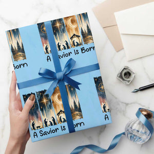 Christian Christmas Wrapping Paper Roll A Savior Is Born Jesus Nativity Scene TS11 Light Blue Print Your Wear