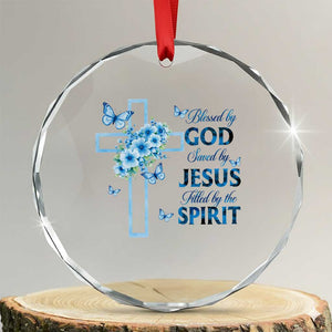 Christian Jesus Crystal Glass Ornament Blessed By God Saved By Jesus Blue Floral Cross Butterfly Art TS10 Transparent Glass 3'' Circle Print Your Wear