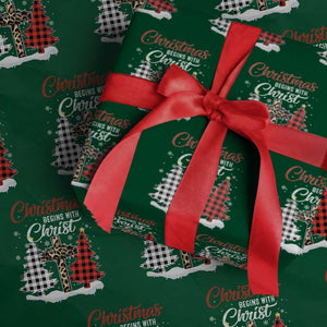 Christmas Begins With Christ Wrapping Paper Roll Leopard Cross Plaid Xmas Tree TS11 Green Print Your Wear