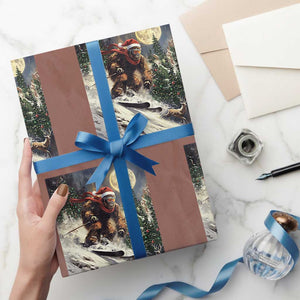 Christmas Bigfoot Skiing Wrapping Paper Roll Funny Santa Sasquatch Snowboard Ski Lover Skier TS10 Mocha Print Your Wear