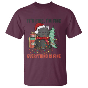 Christmas Black Cat T Shirt It's Fine I'm Fine Everything Is Fine Xmas Light Funny TS02 Maroon Printyourwear