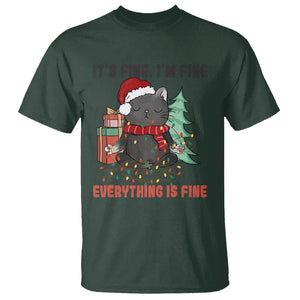 Christmas Black Cat T Shirt It's Fine I'm Fine Everything Is Fine Xmas Light Funny TS02 Dark Forest Green Printyourwear
