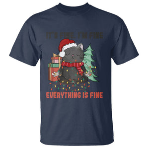 Christmas Black Cat T Shirt It's Fine I'm Fine Everything Is Fine Xmas Light Funny TS02 Navy Printyourwear