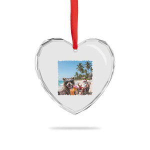 Christmas In July Raccoon And Santa Heart Crystal Glass Ornament Tropical Summer Vacation Graphic