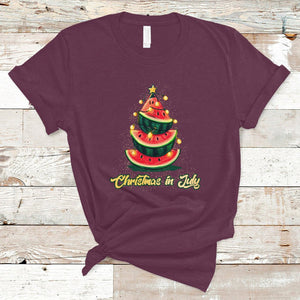 Christmas in July T Shirt Christmas In July Watermelon Xmas Tree Funny Summer Vacation TS02 Maroon Printyourwear