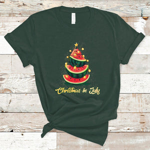 Christmas in July T Shirt Christmas In July Watermelon Xmas Tree Funny Summer Vacation TS02 Dark Forest Green Printyourwear