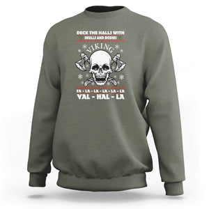Christmas Sweatshirt Viking Valhalla Deck The Halls With Skulls And Bodies TS09 Military Green Printyourwear