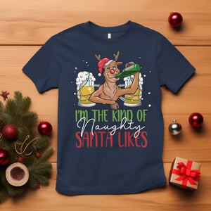 Christmas T Shirt Reindeer Beer Drinking I'm The Kind Of Naughty Santa Likes TS09 Navy Printyourwear