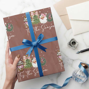 Christmas Tis The Season Wrapping Paper Roll Cute Winter Old Xmas Vintage Pink Santa Claus TS10 Mocha Print Your Wear
