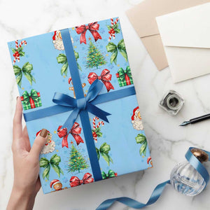 Christmas Tree Retro Coquette Bow Wrapping Paper Roll Santa Claus Candy Festive Xmas Vibes TS02 Light Blue Print Your Wear
