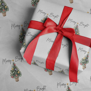 Christmas Wrapping Paper Roll Merry And Bright Retro Xmas Tree TS11 White Print Your Wear