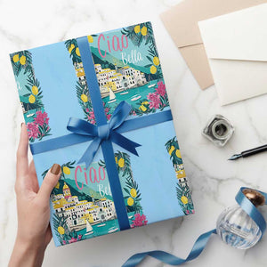 Ciao Bella Italy Amalfi Coast Wrapping Paper Roll Lemons and Florals Nostalgic Village TS02 Light Blue Print Your Wear