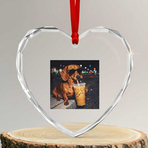 Cool Dachshund Drinking Iced Coffee Graphic Heart Crystal Glass Ornament Funny Wiener Dog Night Vibes Aesthetic TS02 Transparent Glass 3'' Heart Print Your Wear