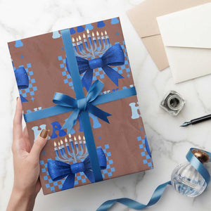 Coquette Hanukkah Wrapping Paper Roll Jewish Menorah Bow Girls TS10 Mocha Print Your Wear
