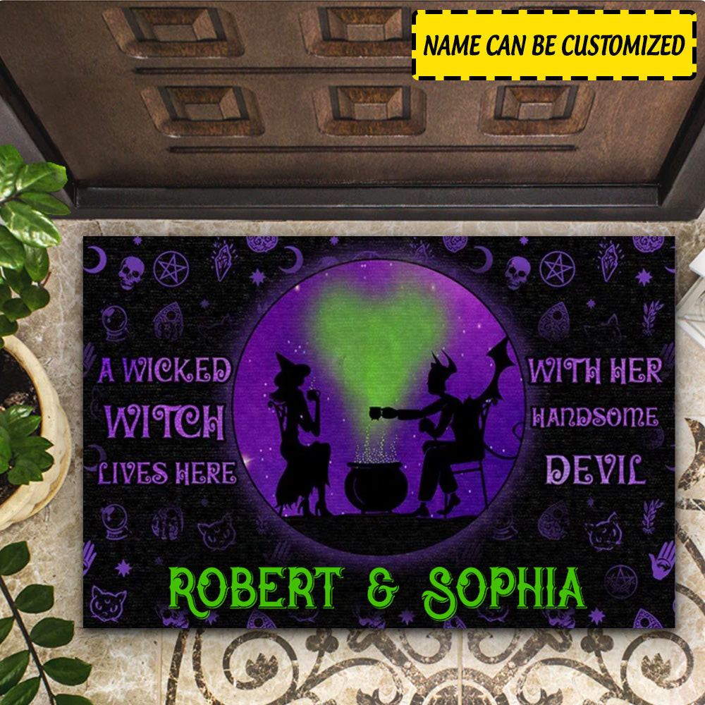 Personalized Halloween Decor Witch With Her Devil Gift For Couples Doormat CTM Custom - Printyourwear