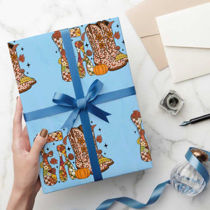 Cowboy Fall Season Thanksgiving Western Boots Pumpkin Wrapping Paper Roll TS11 Light Blue Print Your Wear