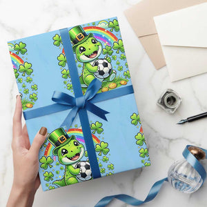 Cute Dinosaur Soccer Player Wrapping Paper Roll St Patricks Day Dino Lover TS12 Light Blue Print Your Wear