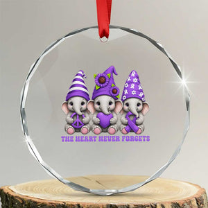 Cute Elephant Gnome Purple Ribbon Alzheimer's Support Crystal Glass Ornament The Heart Never Forgets