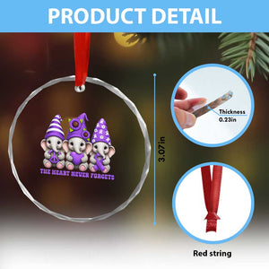 Cute Elephant Gnome Purple Ribbon Alzheimer's Support Crystal Glass Ornament The Heart Never Forgets