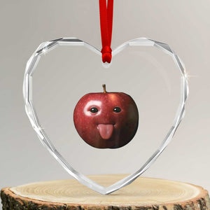 Cute Freaky Apple with Tongue Out Heart Crystal Glass Ornament Funny Goofy AI Fruit Meme TS02 Transparent Glass 3'' Heart Print Your Wear