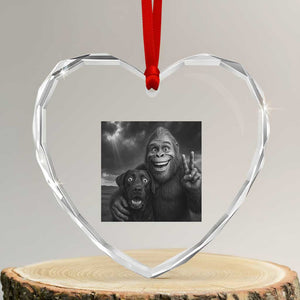 Cute Labrador Selfie With Bigfoot Heart Crystal Glass Ornament Funny Cryptid TS12 Transparent Glass 3'' Heart Print Your Wear